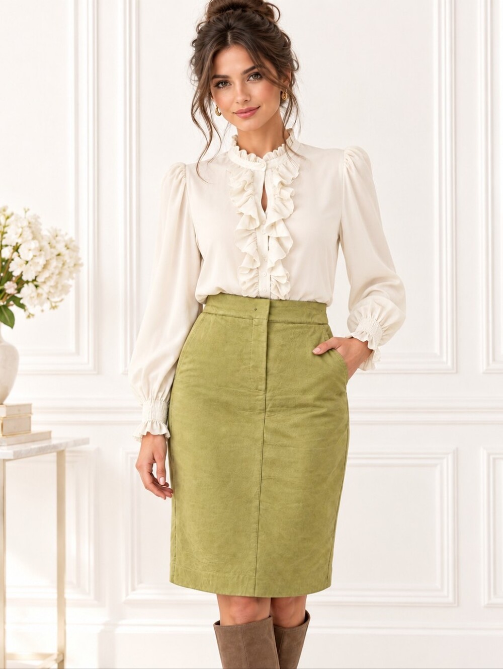 Max Mara 100% Soft Leather Chartreuse Pencil Skirt. 100% Silk Lined | Size 10